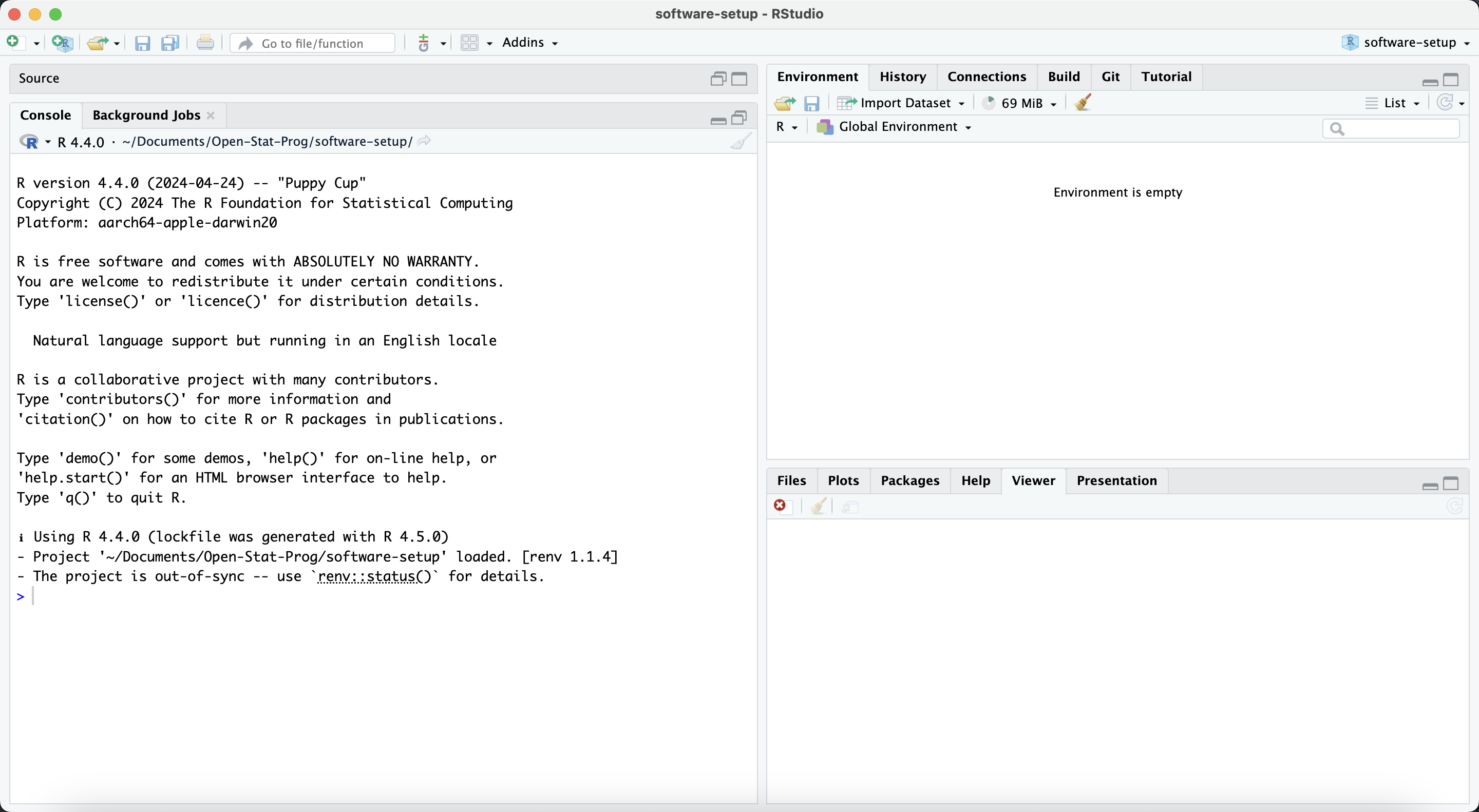 The screen you see when opening Rstudio for the first time