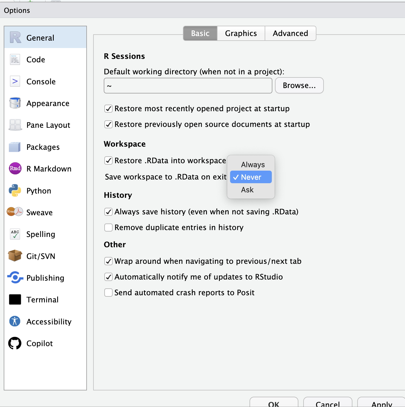 Change saving workspace settings