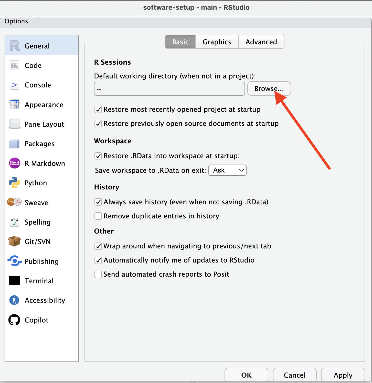 Change the default working directory